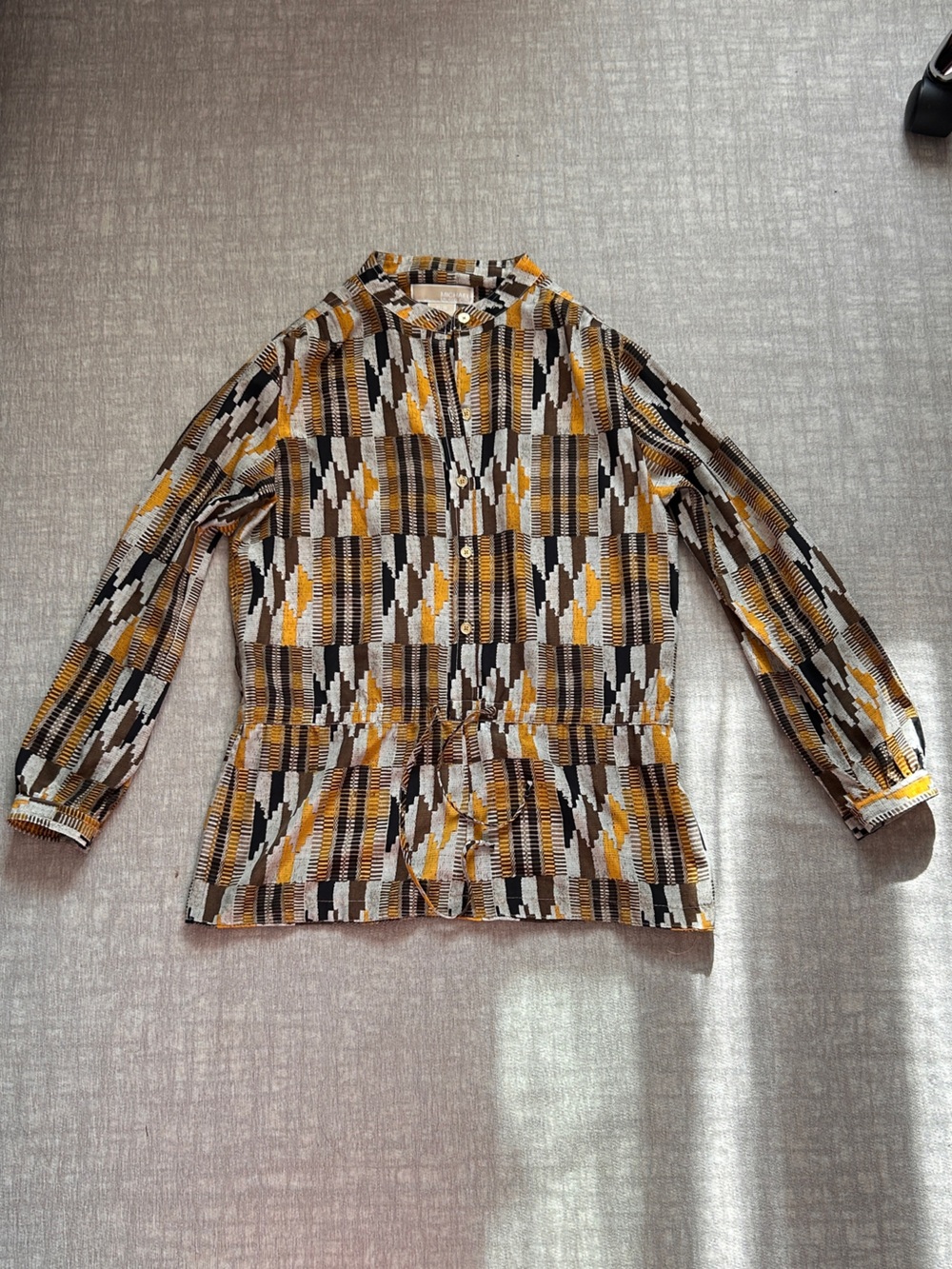 Michael Kors Geometric Yellow Brown Women’s Top Size S Elastic Drawstring